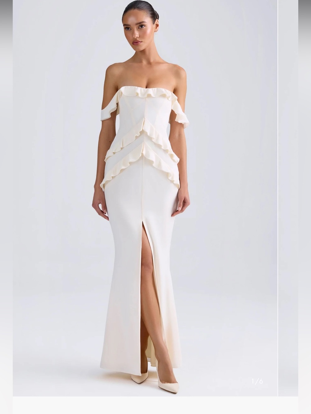 Oh Polly Ivory Strapless Ruffle Column Dress with Front Slit